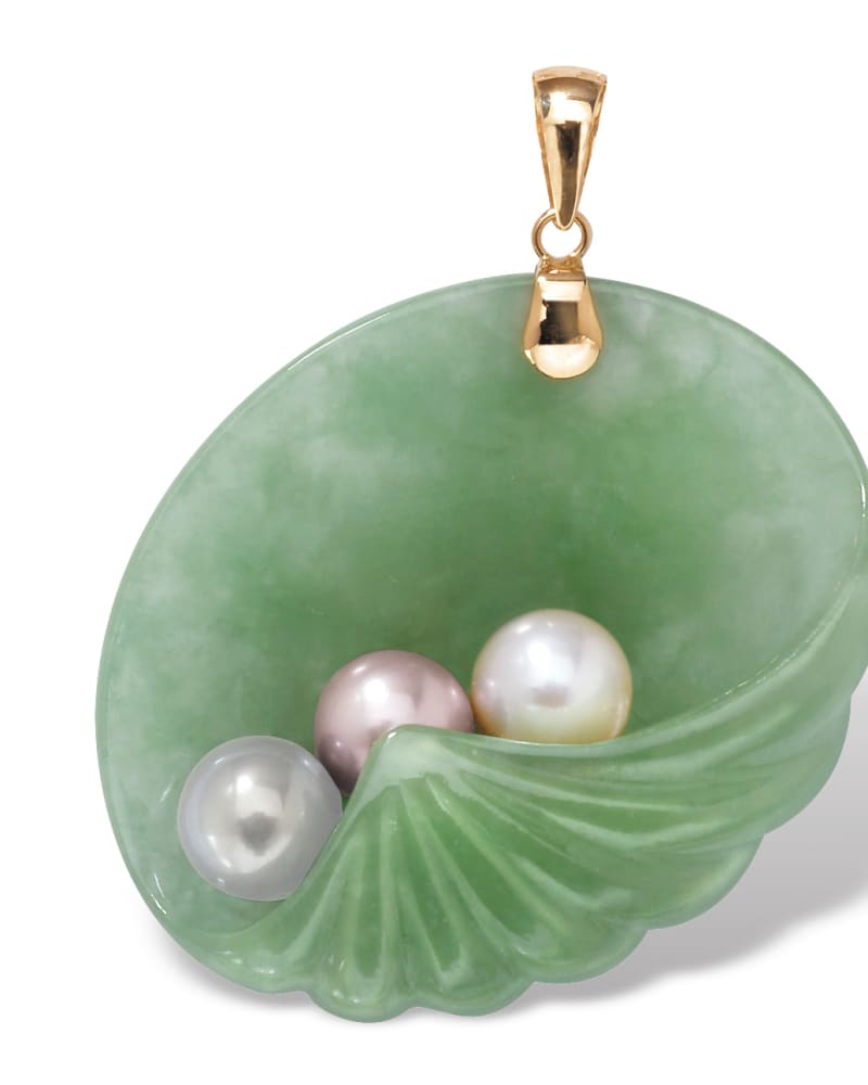 Front of a size One Size Genuine Jade and Cultured Pearl Shell Pendant in 14k Gold in Green by PalmBeach Jewelry. | dia_product_style_image_id:286181